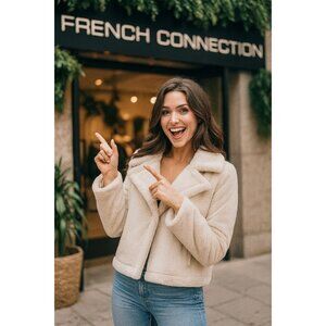 French Connection Large Women Winter Faux Fur Short Coat Notched Lapel Jacket